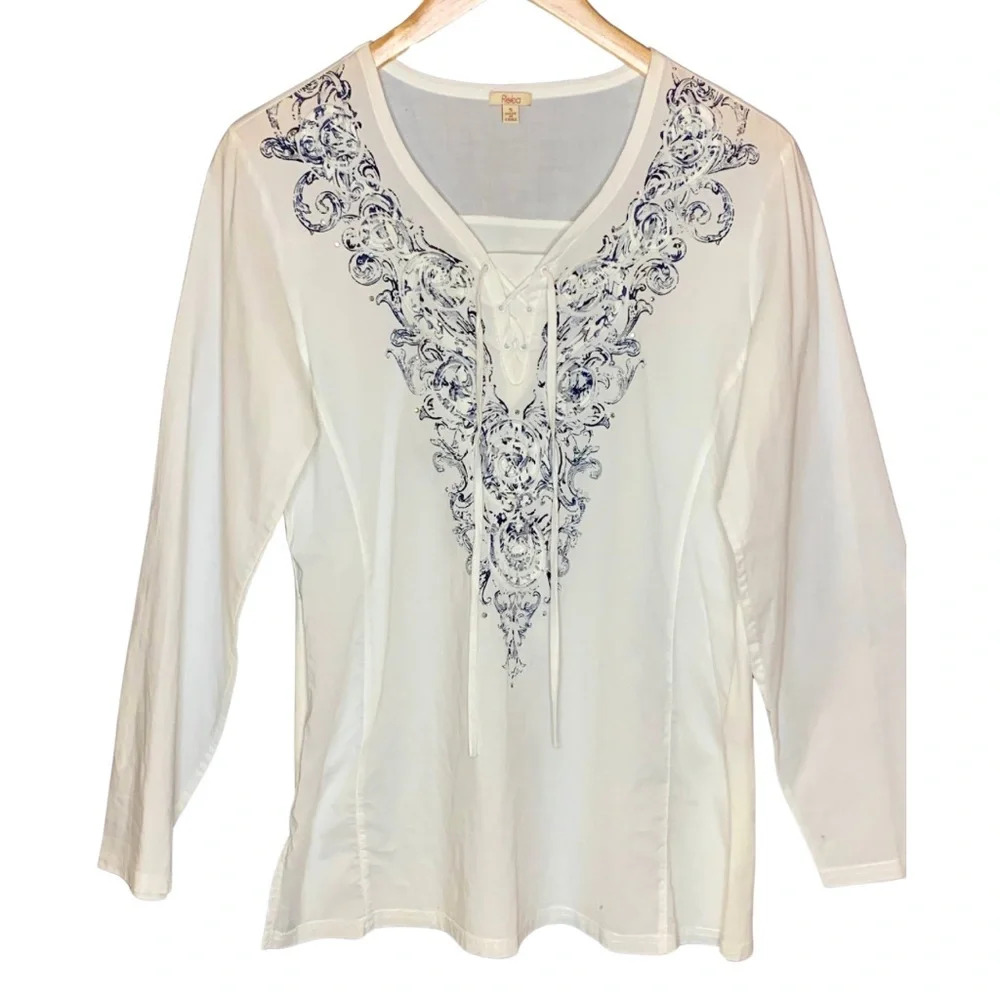 Reba Tie-Front Tunic Blouse with Rhinestones